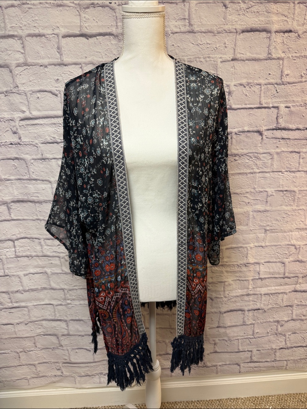 Xhilaration Black Sheer Floral Kimono with Rust and Blue Accents
